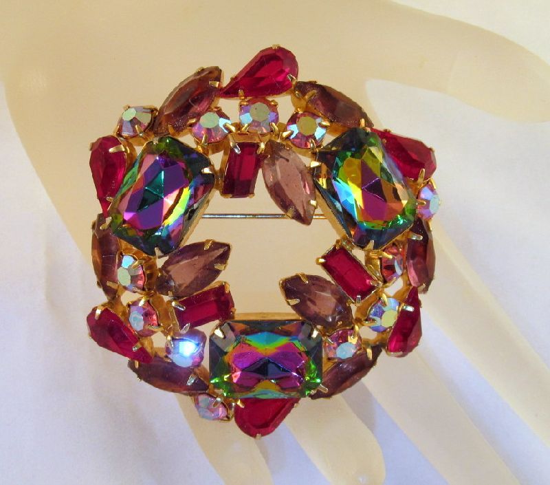 Volcano Watermelon Rhinestone Brooch Purple Red Pink Aurora Borealis Gold-tone Volcano Watermelon Rhinestone Brooch Purple Red Pink Aurora Borealis Gold-tone