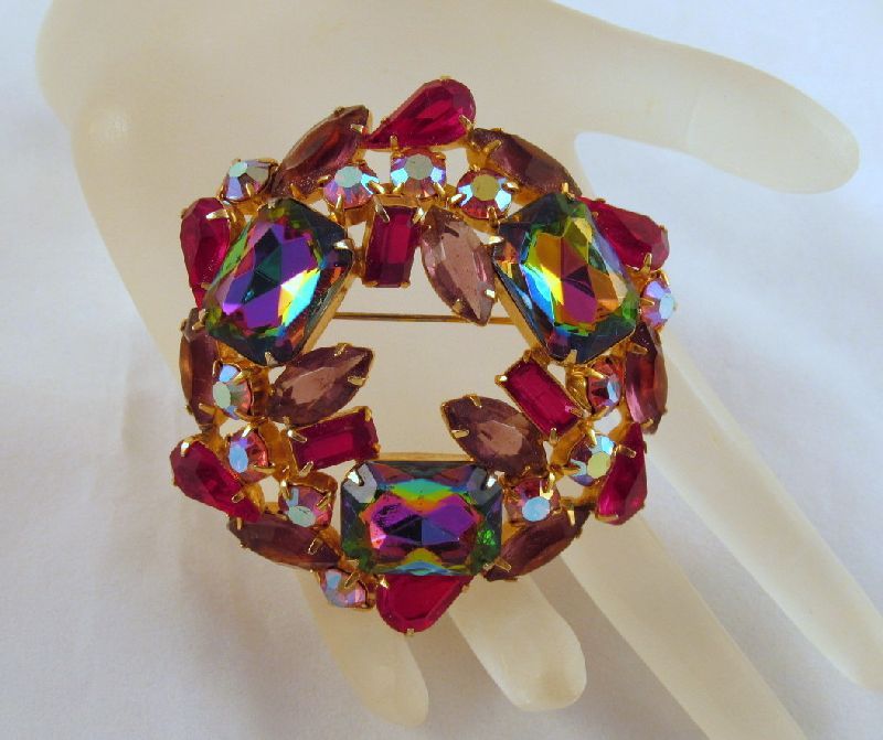 Volcano Watermelon Rhinestone Brooch Purple Red Pink Aurora Borealis Gold-tone Volcano Watermelon Rhinestone Brooch Purple Red Pink Aurora Borealis Gold-tone