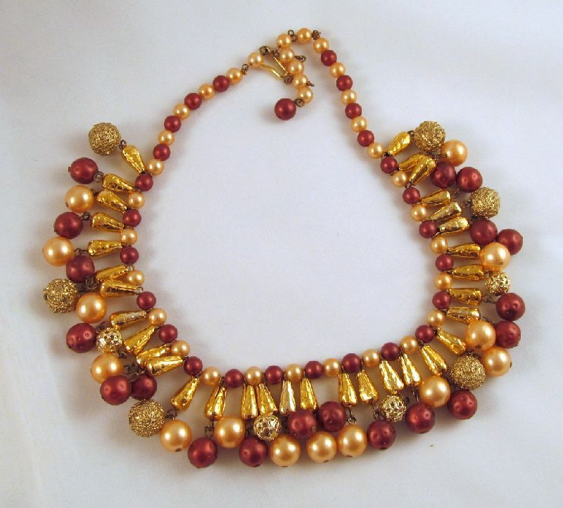 Egyptian Revival Beaded Collar Necklace Autumn Colors Gold-tone Egyptian Revival Beaded Collar Necklace Autumn Colors Gold-tone