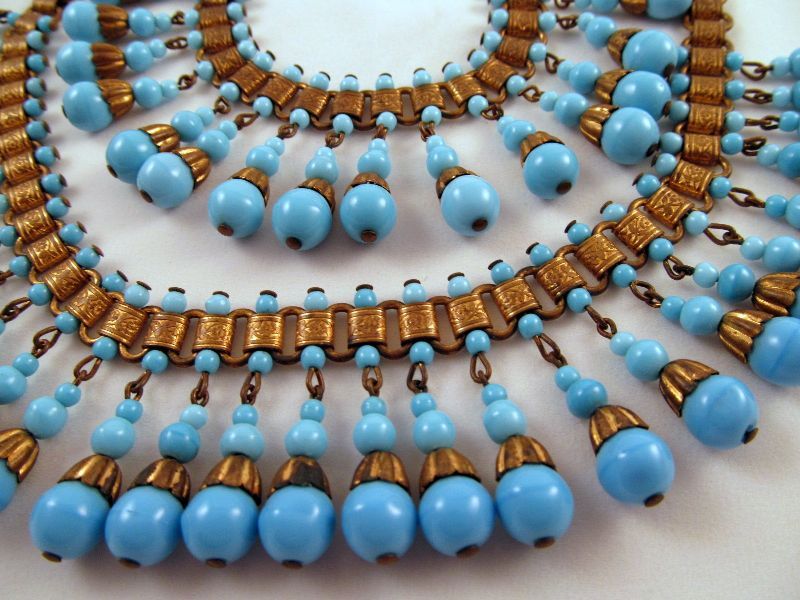 Egyptian Revival Azure Blue Beaded Necklace Bracelet Brass Bookchain Egyptian Revival Azure Blue Beaded Necklace Bracelet Brass Bookchain