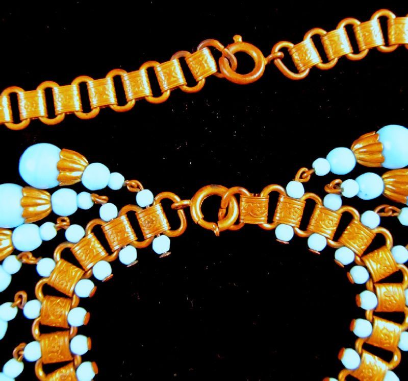 Egyptian Revival Azure Blue Beaded Necklace Bracelet Brass Bookchain Egyptian Revival Azure Blue Beaded Necklace Bracelet Brass Bookchain