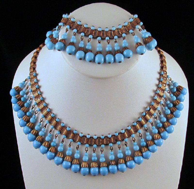 Egyptian Revival Azure Blue Beaded Necklace Bracelet Brass Bookchain Egyptian Revival Azure Blue Beaded Necklace Bracelet Brass Bookchain