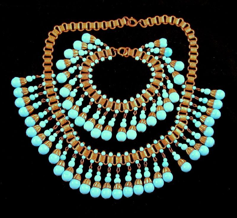 Egyptian Revival Azure Blue Beaded Necklace Bracelet Brass Bookchain Egyptian Revival Azure Blue Beaded Necklace Bracelet Brass Bookchain