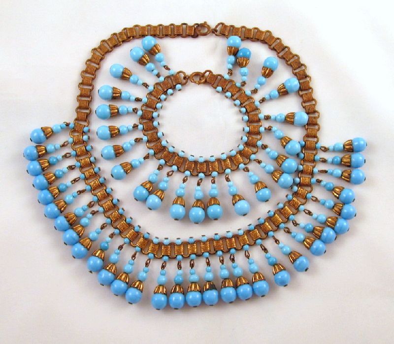 Egyptian Revival Azure Blue Beaded Necklace Bracelet Brass Bookchain Egyptian Revival Azure Blue Beaded Necklace Bracelet Brass Bookchain