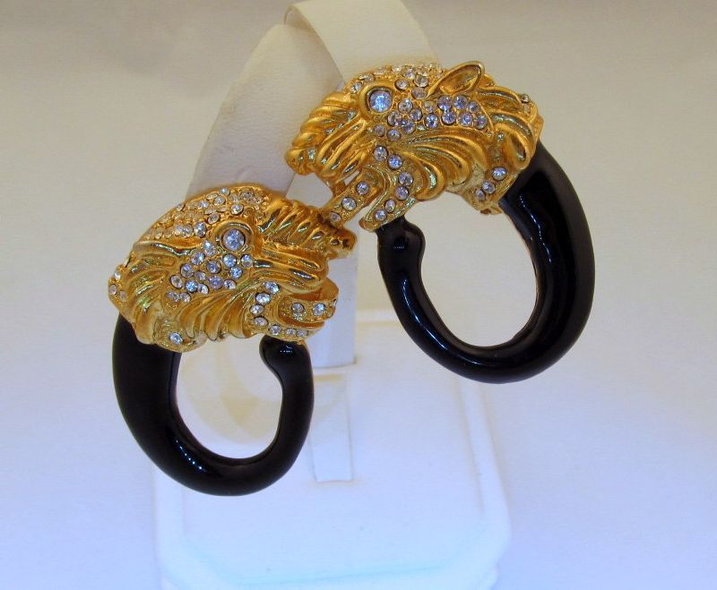 Rhinestone Tiger Enamel Hoop Clip Earrings Huge Sparkly Rhinestone Tiger Enamel Hoop Clip Earrings Huge Sparkly