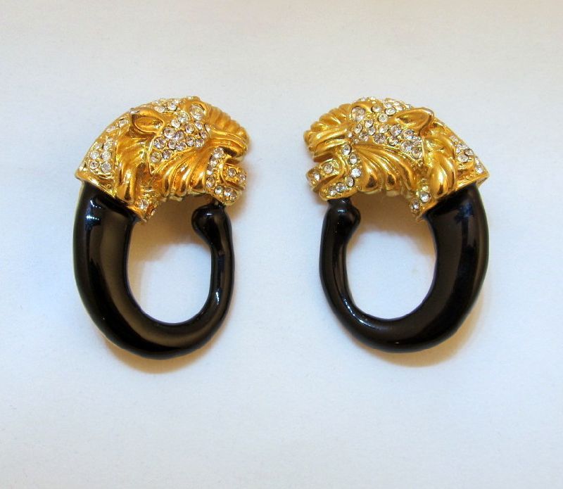 Rhinestone Tiger Enamel Hoop Clip Earrings Huge Sparkly Rhinestone Tiger Enamel Hoop Clip Earrings Huge Sparkly