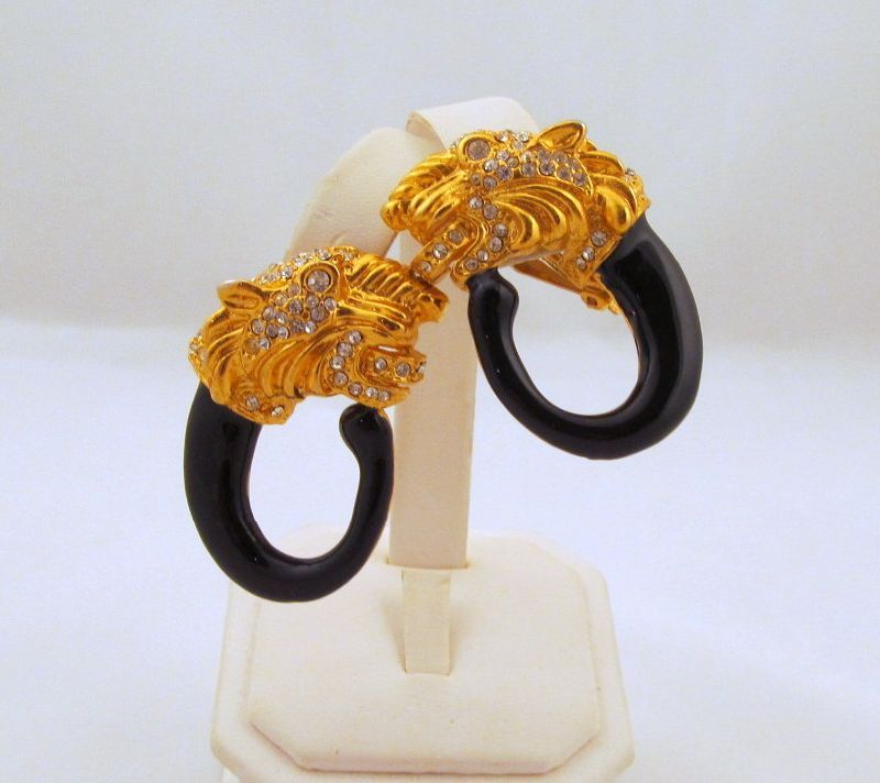 Rhinestone Tiger Enamel Hoop Clip Earrings Huge Sparkly Rhinestone Tiger Enamel Hoop Clip Earrings Huge Sparkly