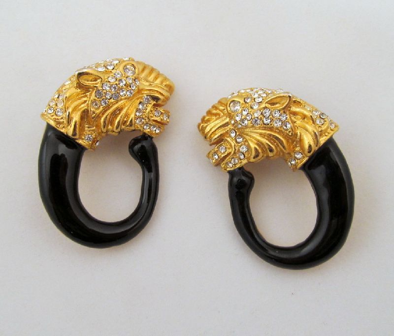 Rhinestone Tiger Enamel Hoop Clip Earrings Huge Sparkly Rhinestone Tiger Enamel Hoop Clip Earrings Huge Sparkly