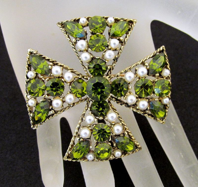 U/S Regency Maltese Cross Faux Pearls Olivine Rhinestones Pendant Brooch U/S Regency Maltese Cross Faux Pearls Olivine Rhinestones Pendant Brooch