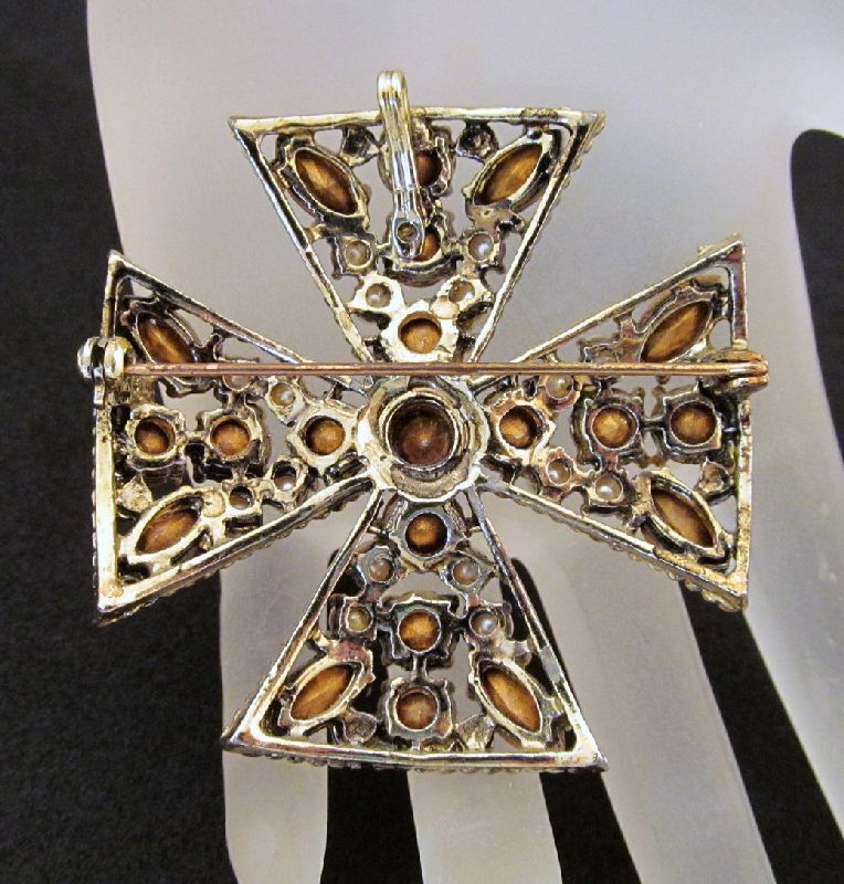U/S Regency Maltese Cross Faux Pearls Olivine Rhinestones Pendant Brooch U/S Regency Maltese Cross Faux Pearls Olivine Rhinestones Pendant Brooch