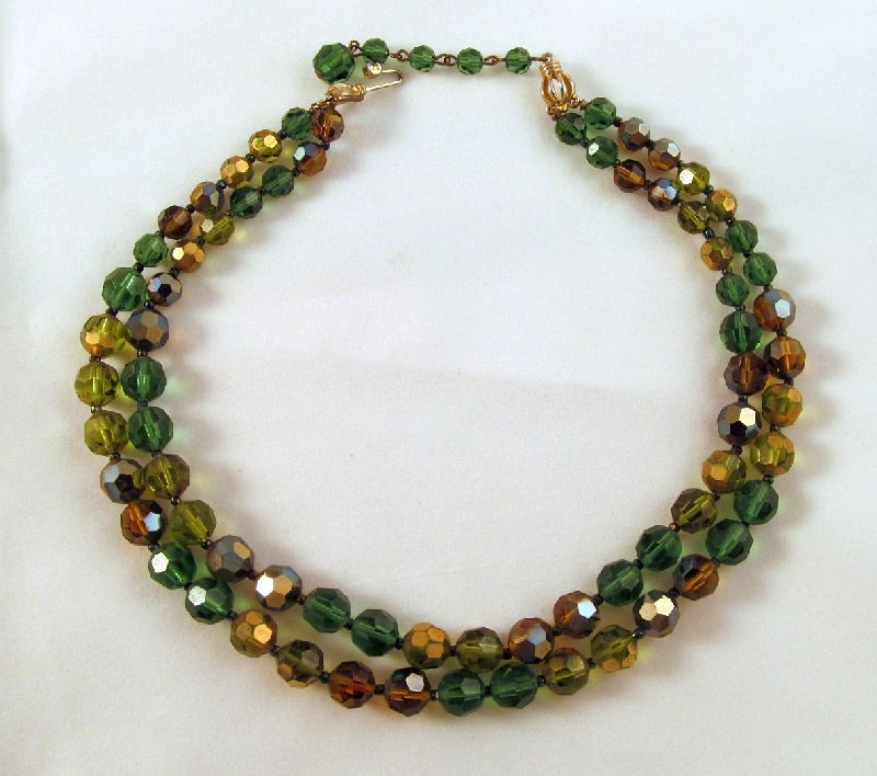 Marvella Green Brown Aurora Borealis Crystal Two Strand Necklace Marvella Green Brown Aurora Borealis Crystal Two Strand Necklace