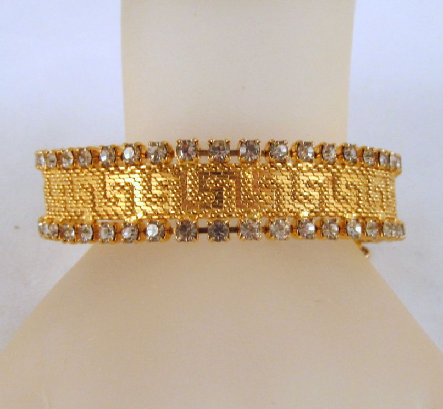 Double Row Rhinestone Mesh Greek Key Bracelet Gold-tone Double Row Rhinestone Mesh Greek Key Bracelet Gold-tone