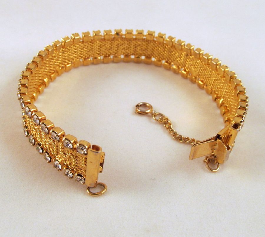 Double Row Rhinestone Mesh Greek Key Bracelet Gold-tone Double Row Rhinestone Mesh Greek Key Bracelet Gold-tone
