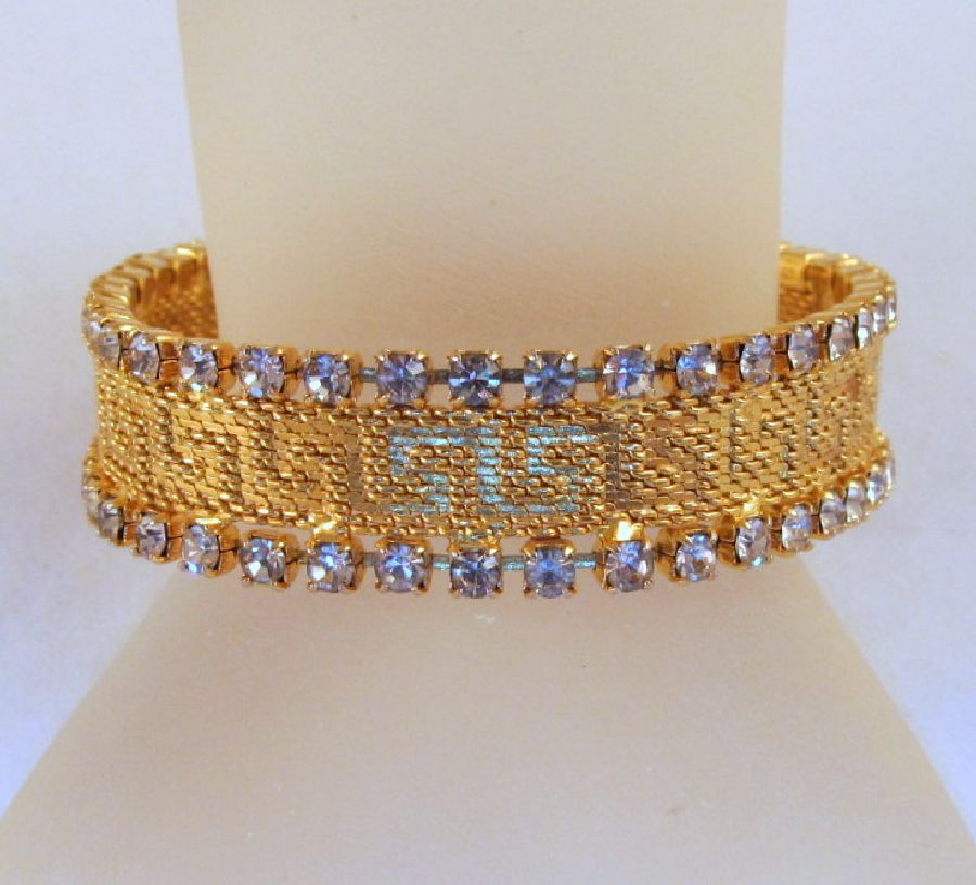 Double Row Rhinestone Mesh Greek Key Bracelet Gold-tone Double Row Rhinestone Mesh Greek Key Bracelet Gold-tone