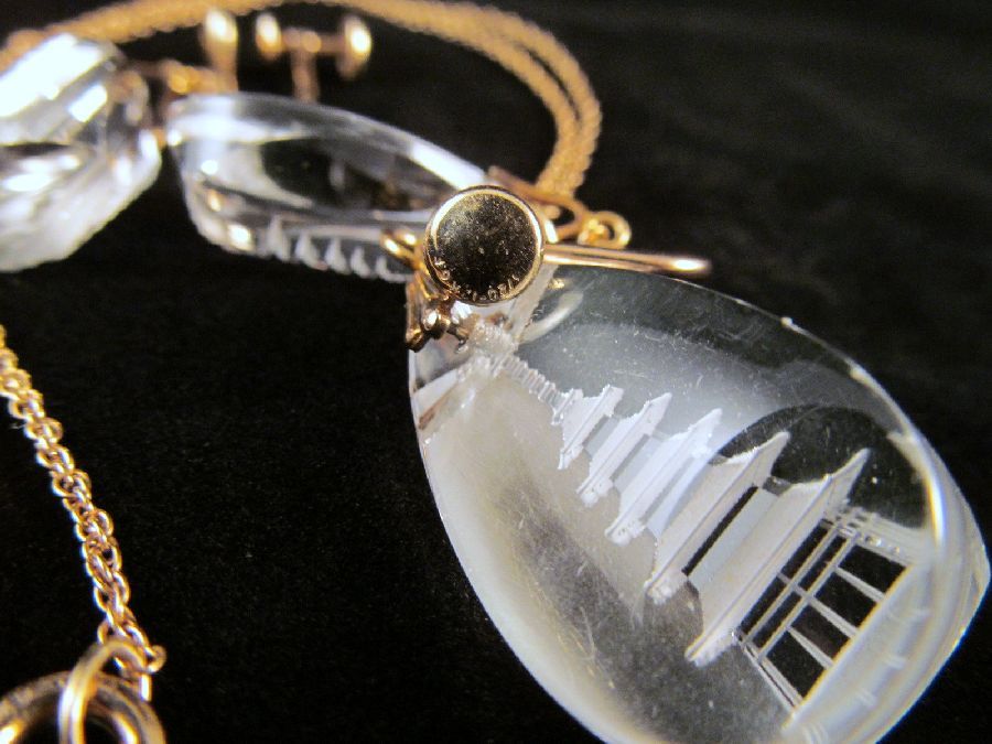 Reverse Carved Rock Crystal Pagoda Pendant Earrings Gold Filled Reverse Carved Rock Crystal Pagoda Pendant Earrings Gold Filled
