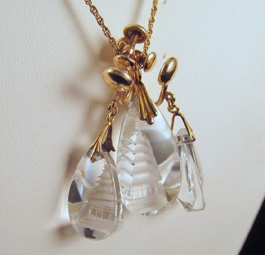 Reverse Carved Rock Crystal Pagoda Pendant Earrings Gold Filled Reverse Carved Rock Crystal Pagoda Pendant Earrings Gold Filled