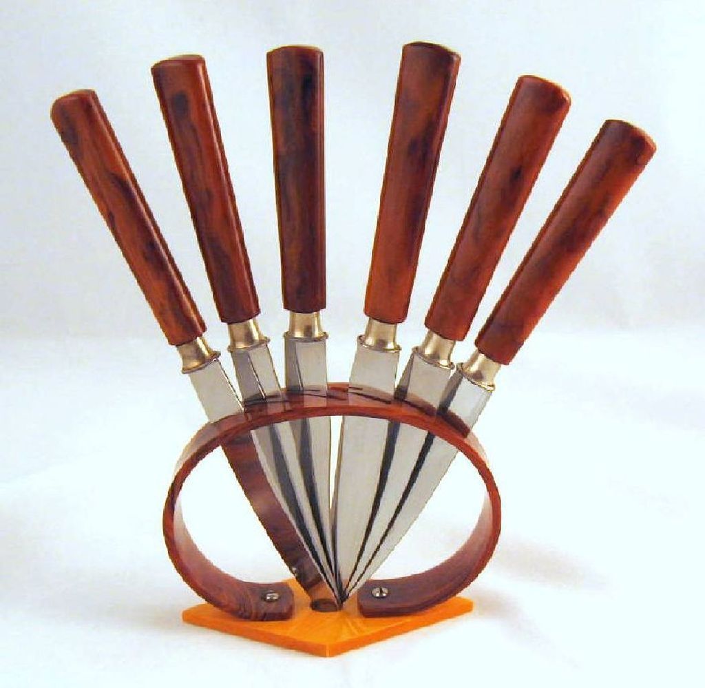 Art Deco Bauhaus Germany Bakelite Fruit Knives with Stand Art Deco Bauhaus Germany Bakelite Fruit Knives with Stand