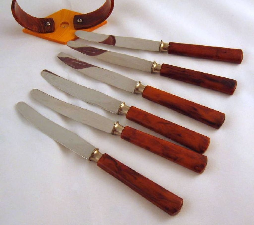 Art Deco Bauhaus Germany Bakelite Fruit Knives with Stand Art Deco Bauhaus Germany Bakelite Fruit Knives with Stand