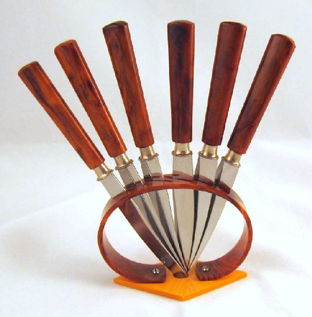 Art Deco Bauhaus Germany Bakelite Fruit Knives with Stand Art Deco Bauhaus Germany Bakelite Fruit Knives with Stand