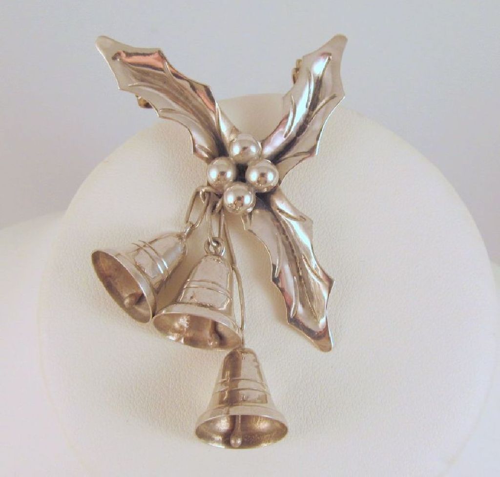 Mexico Sterling Holly Bells Brooch Eagle 2 Mark Handwrought Mexico Sterling Holly Bells Brooch Eagle 2 Mark Handwrought