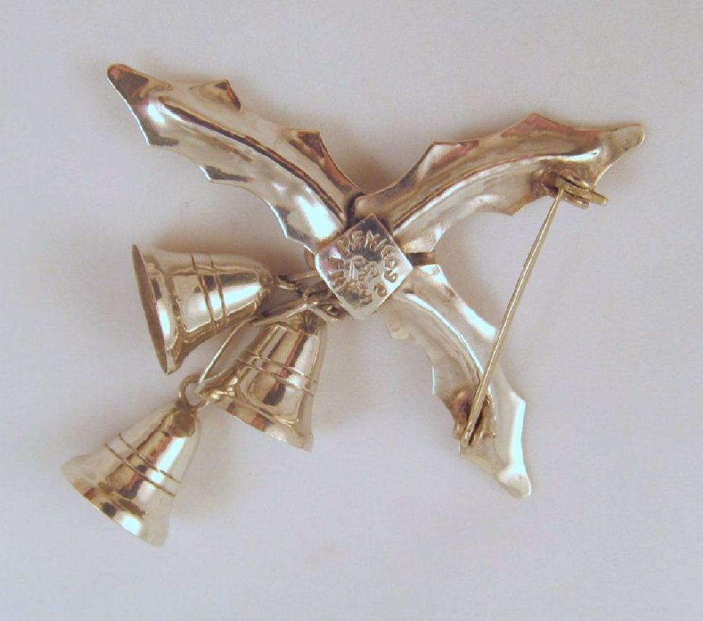 Mexico Sterling Holly Bells Brooch Eagle 2 Mark Handwrought Mexico Sterling Holly Bells Brooch Eagle 2 Mark Handwrought