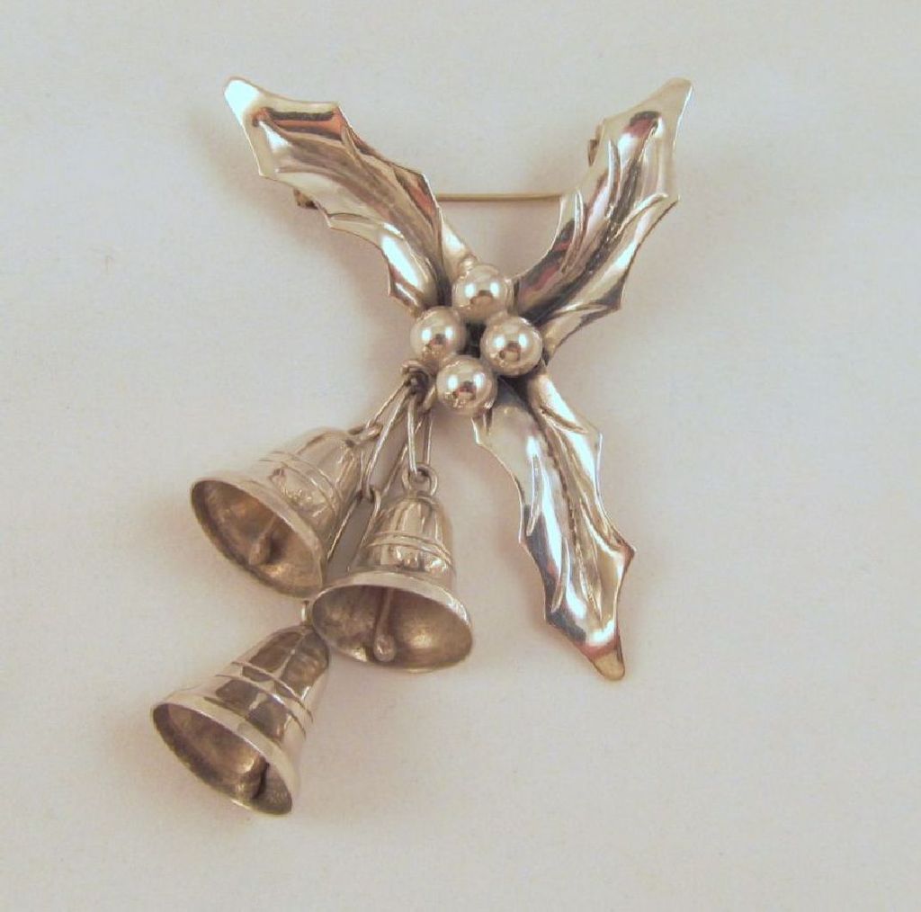 Mexico Sterling Holly Bells Brooch Eagle 2 Mark Handwrought Mexico Sterling Holly Bells Brooch Eagle 2 Mark Handwrought