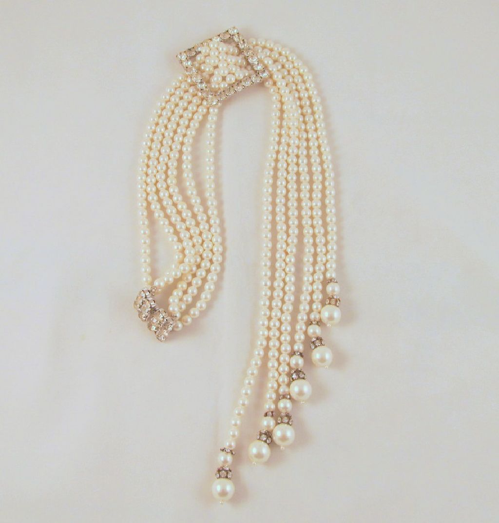 Faux Pearl Rhinestone Waterfall Choker Silver-tone Faux Pearl Rhinestone Waterfall Choker Silver-tone