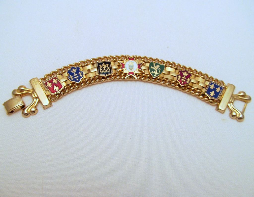 Enameled Heraldic Crests Chain and Links Bracelet Gold-tone Enameled Heraldic Crests Chain and Links Bracelet Gold-tone