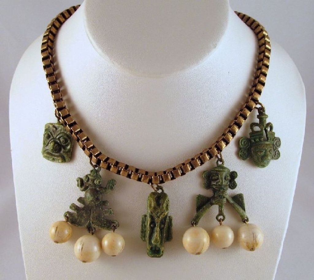 Green Tribal Masks Frog Brass Box Link Necklace Beads Green Tribal Masks Frog Brass Box Link Necklace Beads