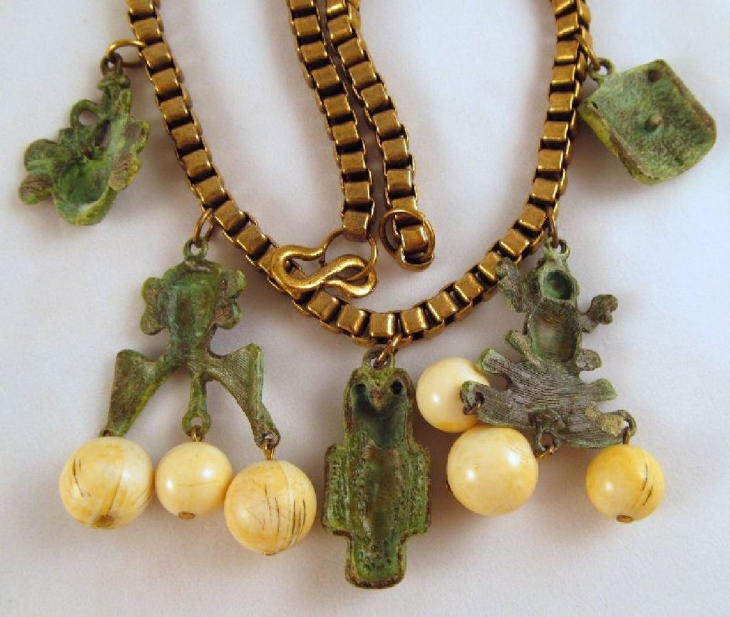 Green Tribal Masks Frog Brass Box Link Necklace Beads Green Tribal Masks Frog Brass Box Link Necklace Beads
