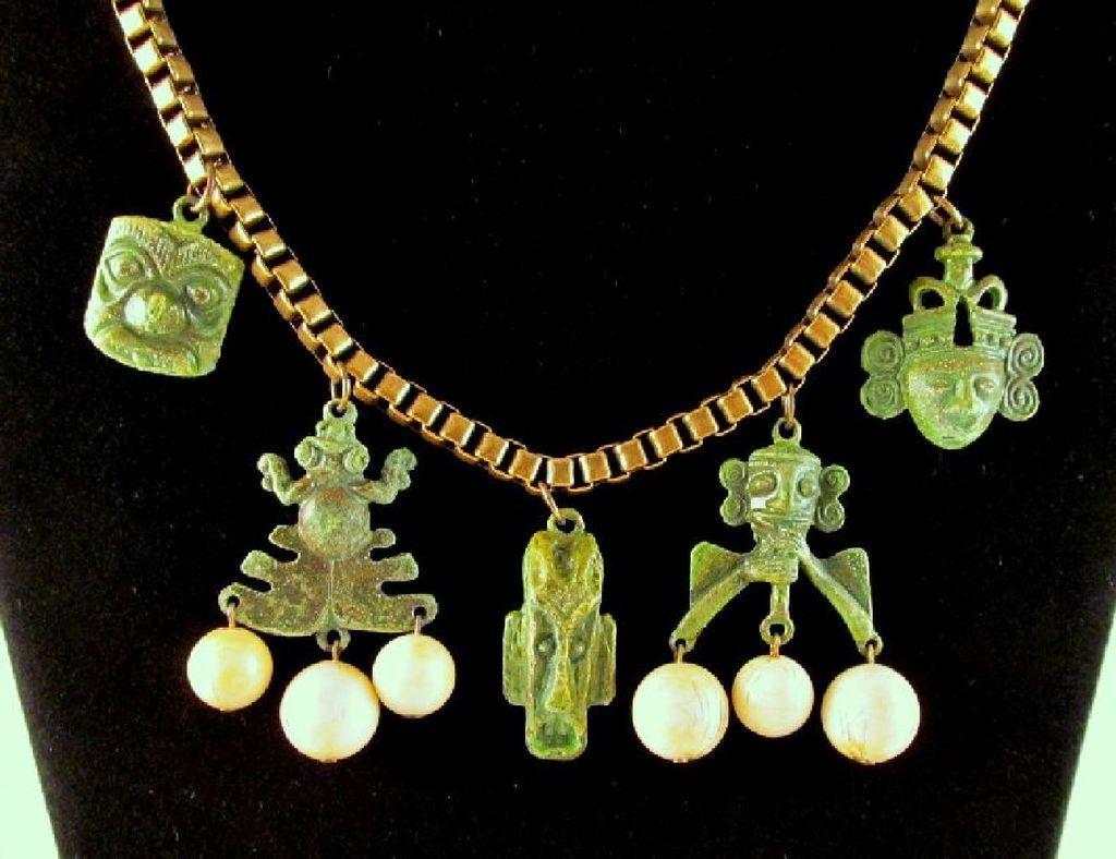 Green Tribal Masks Frog Brass Box Link Necklace Beads Green Tribal Masks Frog Brass Box Link Necklace Beads