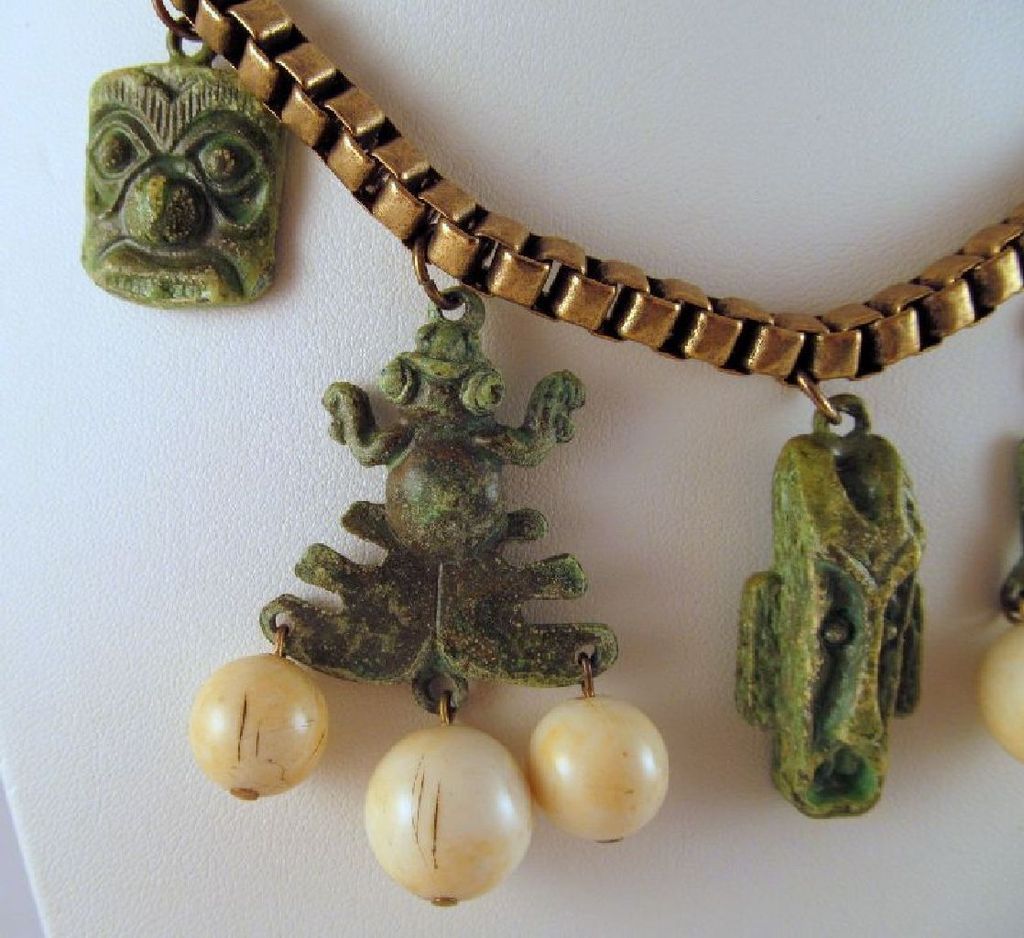 Green Tribal Masks Frog Brass Box Link Necklace Beads Green Tribal Masks Frog Brass Box Link Necklace Beads
