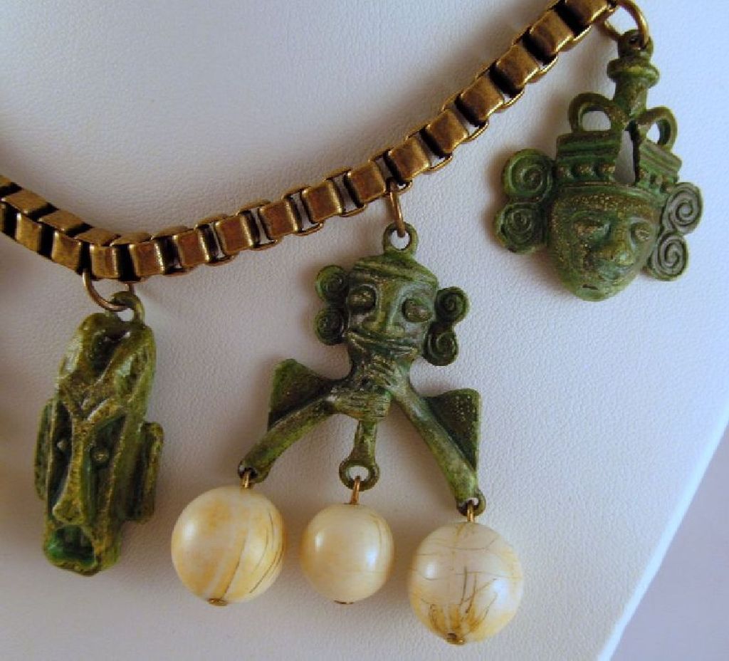 Green Tribal Masks Frog Brass Box Link Necklace Beads Green Tribal Masks Frog Brass Box Link Necklace Beads