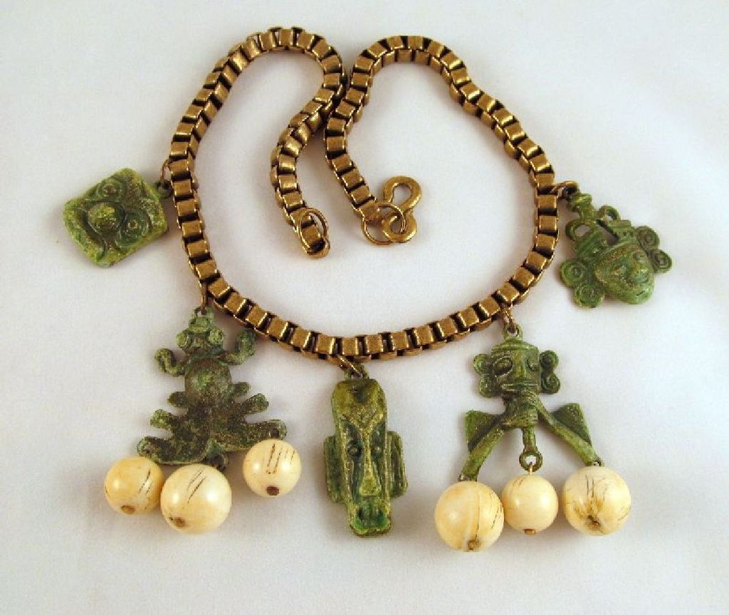 Green Tribal Masks Frog Brass Box Link Necklace Beads Green Tribal Masks Frog Brass Box Link Necklace Beads
