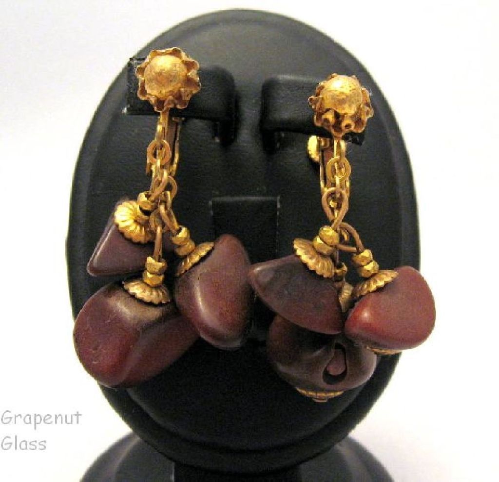 Rare Signed Miriam Haskell Wood Beads Dangle Earrings 1965 Rare Signed Miriam Haskell Wood Beads Dangle Earrings 1965