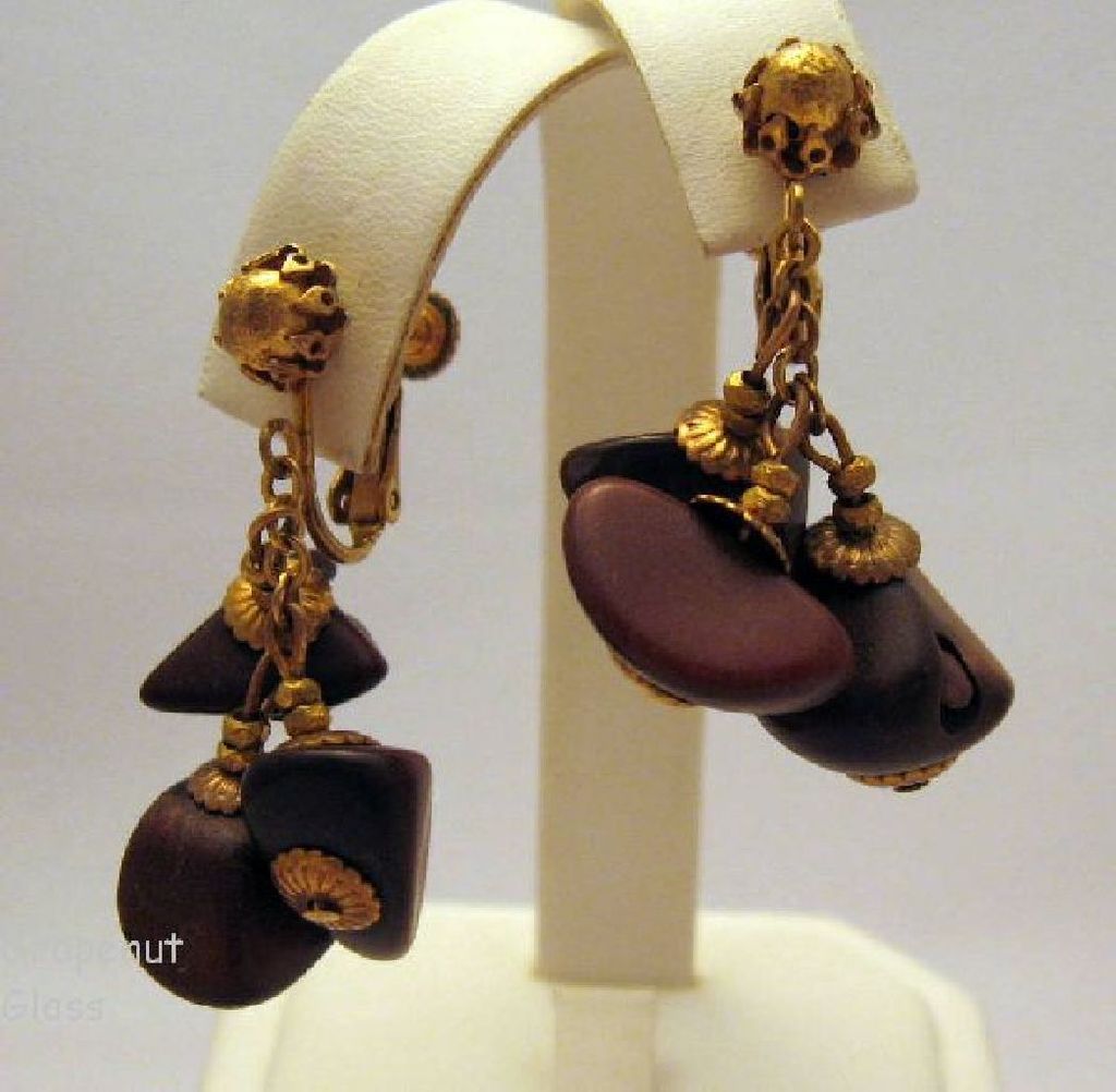 Rare Signed Miriam Haskell Wood Beads Dangle Earrings 1965 Rare Signed Miriam Haskell Wood Beads Dangle Earrings 1965