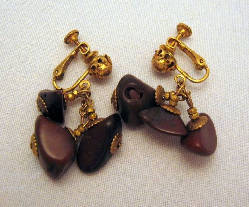 Rare Signed Miriam Haskell Wood Beads Dangle Earrings 1965 Rare Signed Miriam Haskell Wood Beads Dangle Earrings 1965