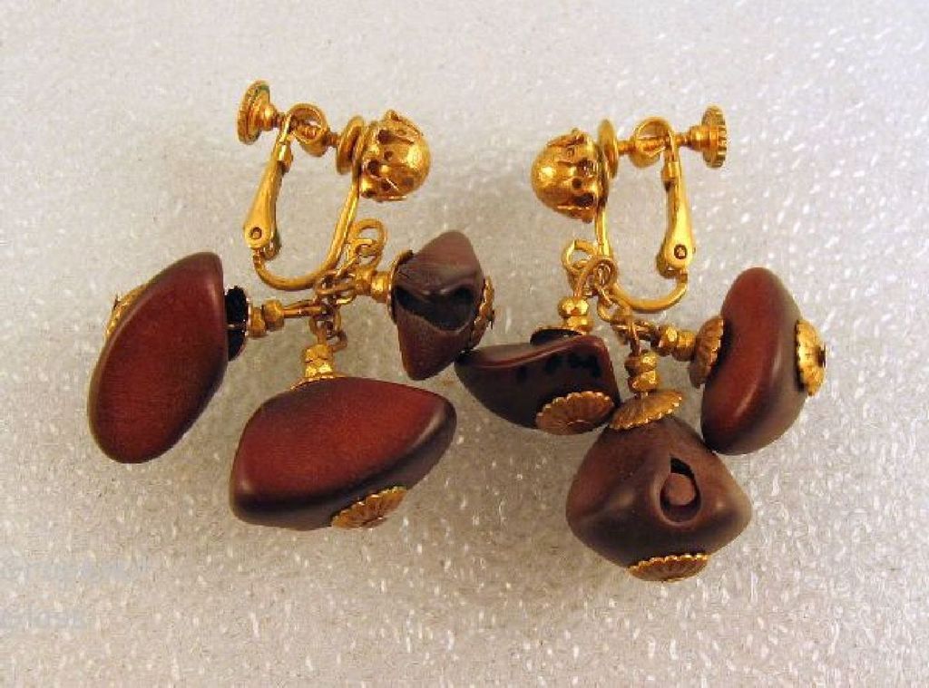 Rare Signed Miriam Haskell Wood Beads Dangle Earrings 1965 Rare Signed Miriam Haskell Wood Beads Dangle Earrings 1965