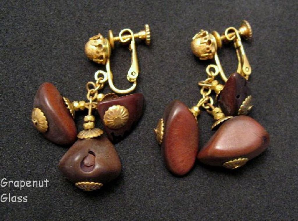 Rare Signed Miriam Haskell Wood Beads Dangle Earrings 1965 Rare Signed Miriam Haskell Wood Beads Dangle Earrings 1965