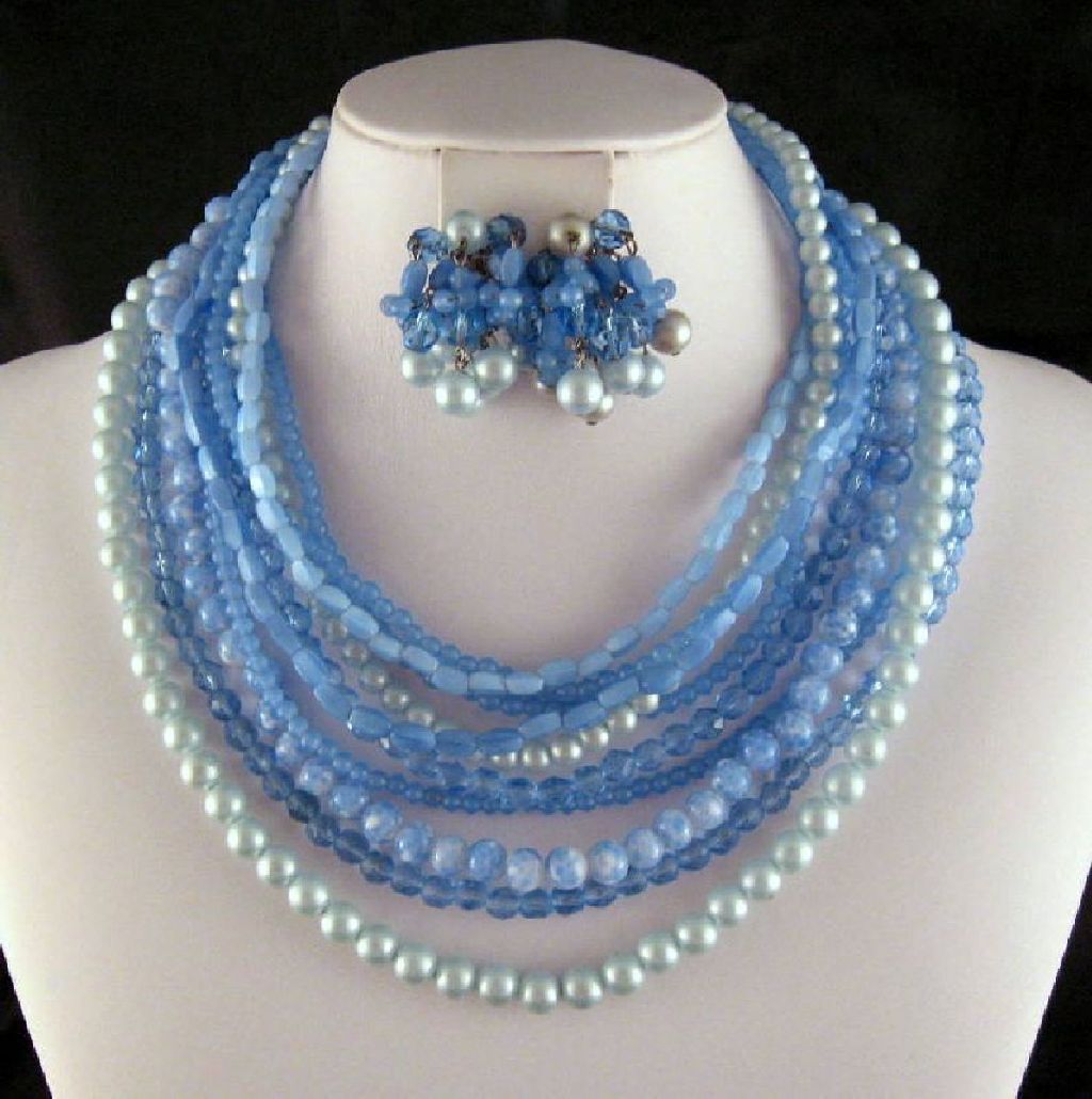 Blue Marvella 10 Strand Glass Necklace Earrings Set Blue Marvella 10 Strand Glass Necklace Earrings Set