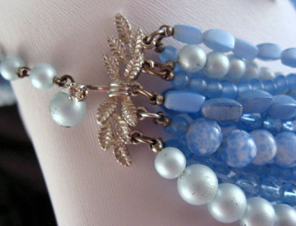 Blue Marvella 10 Strand Glass Necklace Earrings Set Blue Marvella 10 Strand Glass Necklace Earrings Set