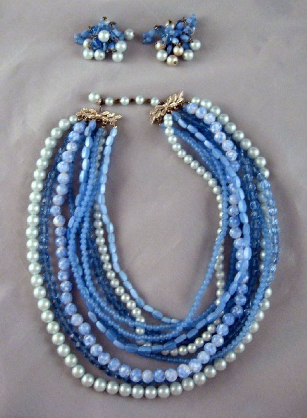 Blue Marvella 10 Strand Glass Necklace Earrings Set Blue Marvella 10 Strand Glass Necklace Earrings Set