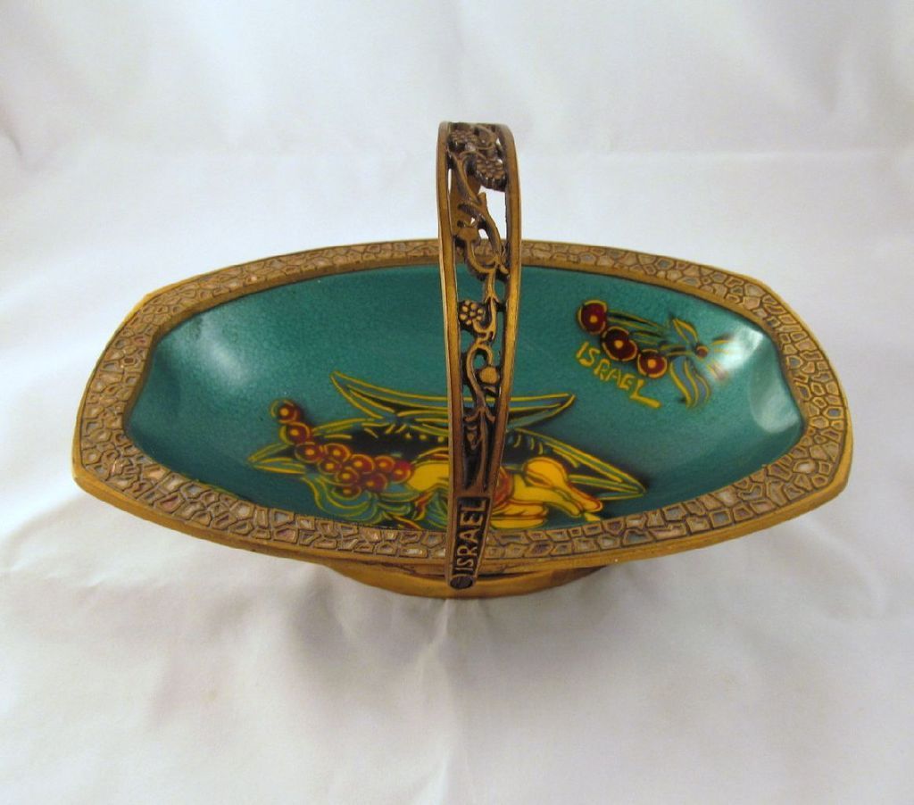 Vintage Brass Enamel Basket Fruit Israel Souvenir Teal Blue Vintage Brass Enamel Basket Fruit Israel Souvenir Teal Blue