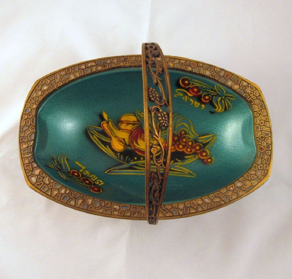Vintage Brass Enamel Basket Fruit Israel Souvenir Teal Blue Vintage Brass Enamel Basket Fruit Israel Souvenir Teal Blue
