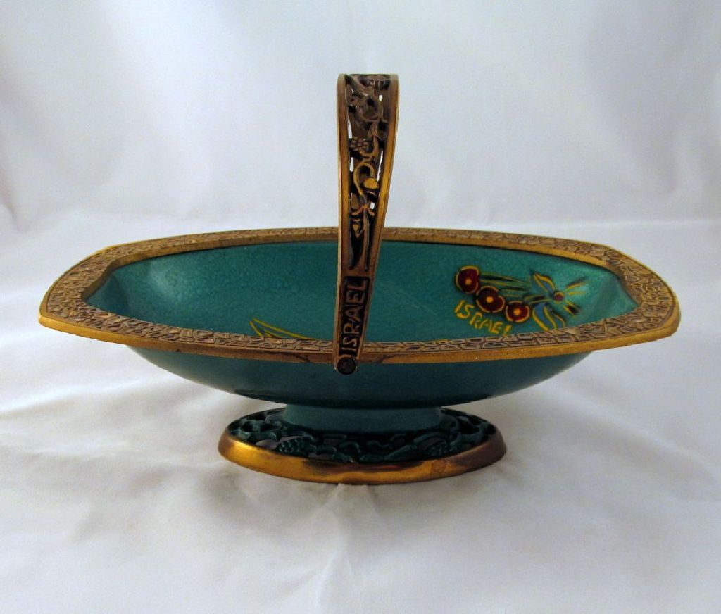Vintage Brass Enamel Basket Fruit Israel Souvenir Teal Blue Vintage Brass Enamel Basket Fruit Israel Souvenir Teal Blue