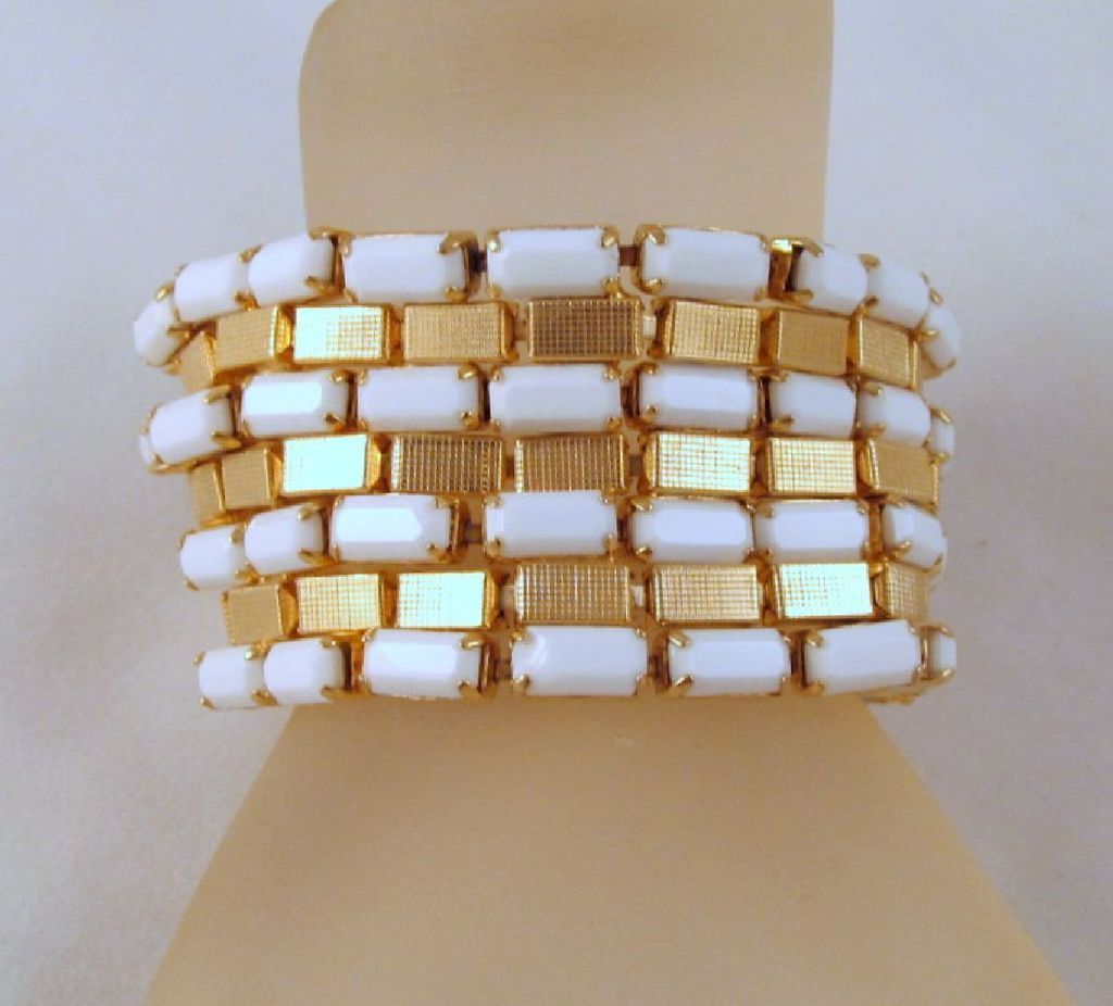 Hobe' Wide Gold-tone Faceted Milk Glass Bracelet Hobe' Wide Gold-tone Faceted Milk Glass Bracelet