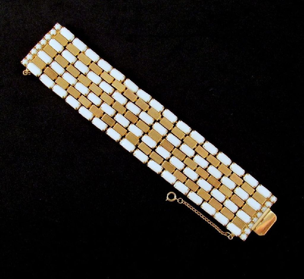 Hobe' Wide Gold-tone Faceted Milk Glass Bracelet Hobe' Wide Gold-tone Faceted Milk Glass Bracelet