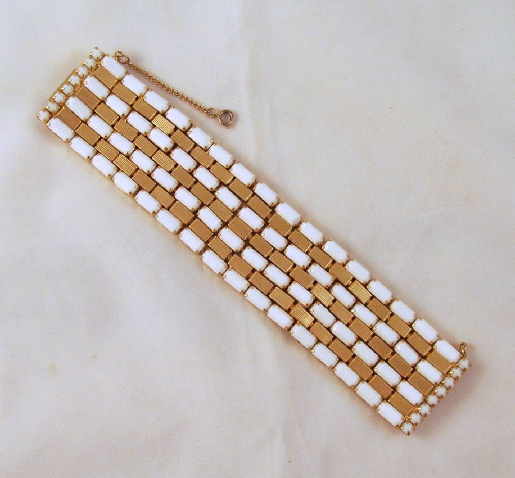 Hobe' Wide Gold-tone Faceted Milk Glass Bracelet Hobe' Wide Gold-tone Faceted Milk Glass Bracelet