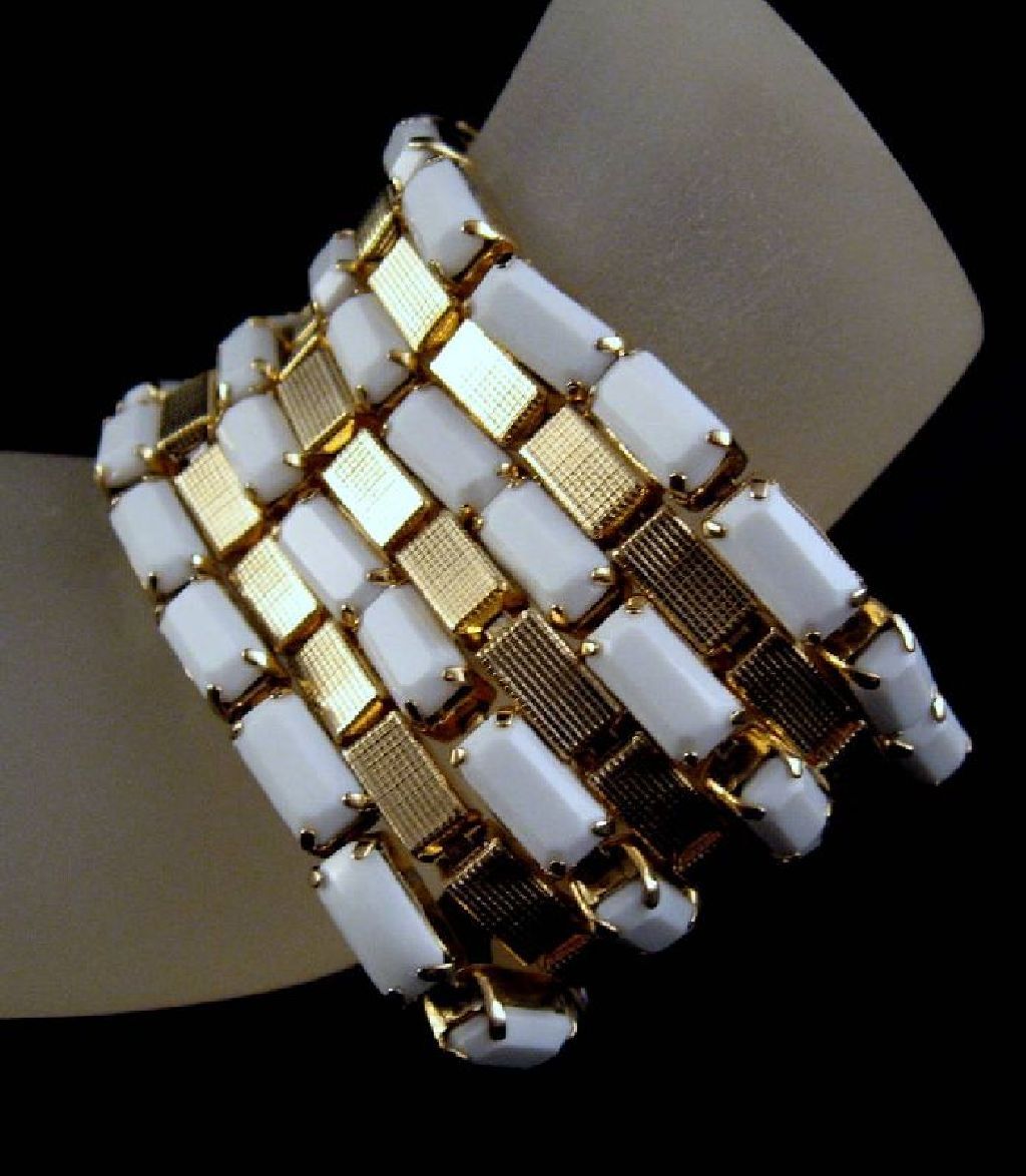 Hobe' Wide Gold-tone Faceted Milk Glass Bracelet Hobe' Wide Gold-tone Faceted Milk Glass Bracelet