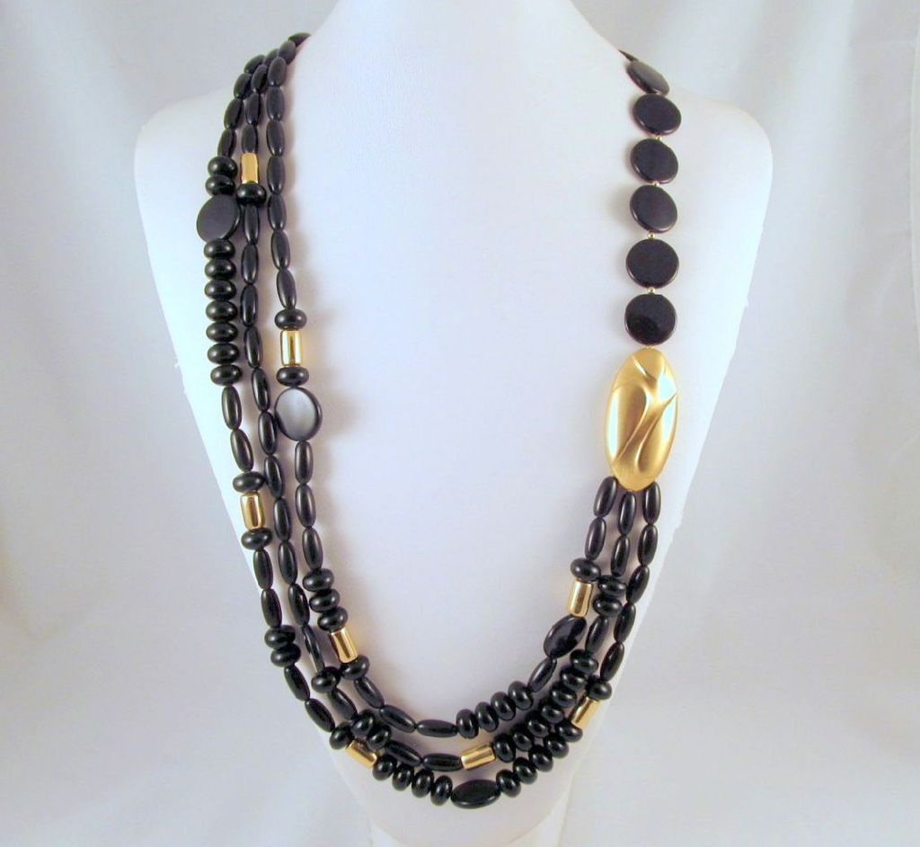 Asymmetrical Trifari Black Gold Necklace Plastic Beads Asymmetrical Trifari Black Gold Necklace Plastic Beads